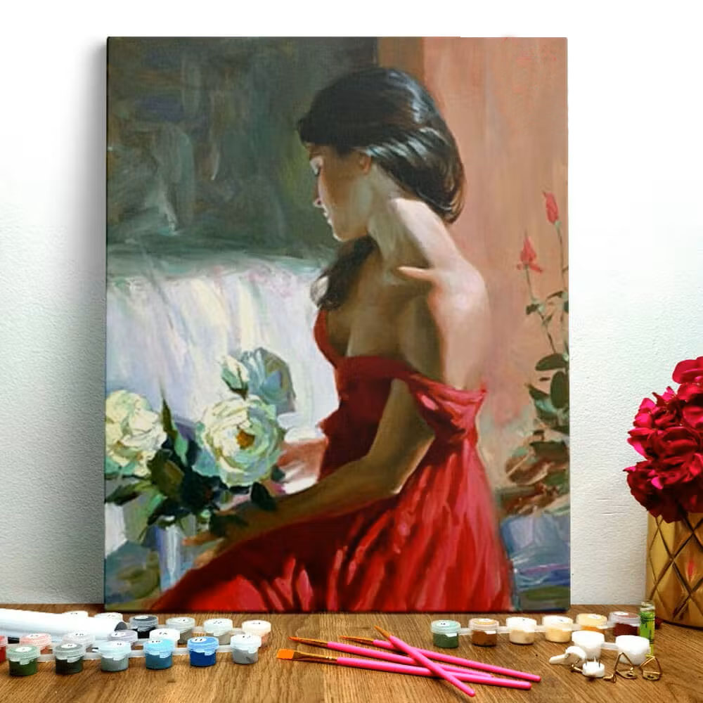 Tapymo skaičiais rinkinys Moteris raudona suknele, 40x50 cm